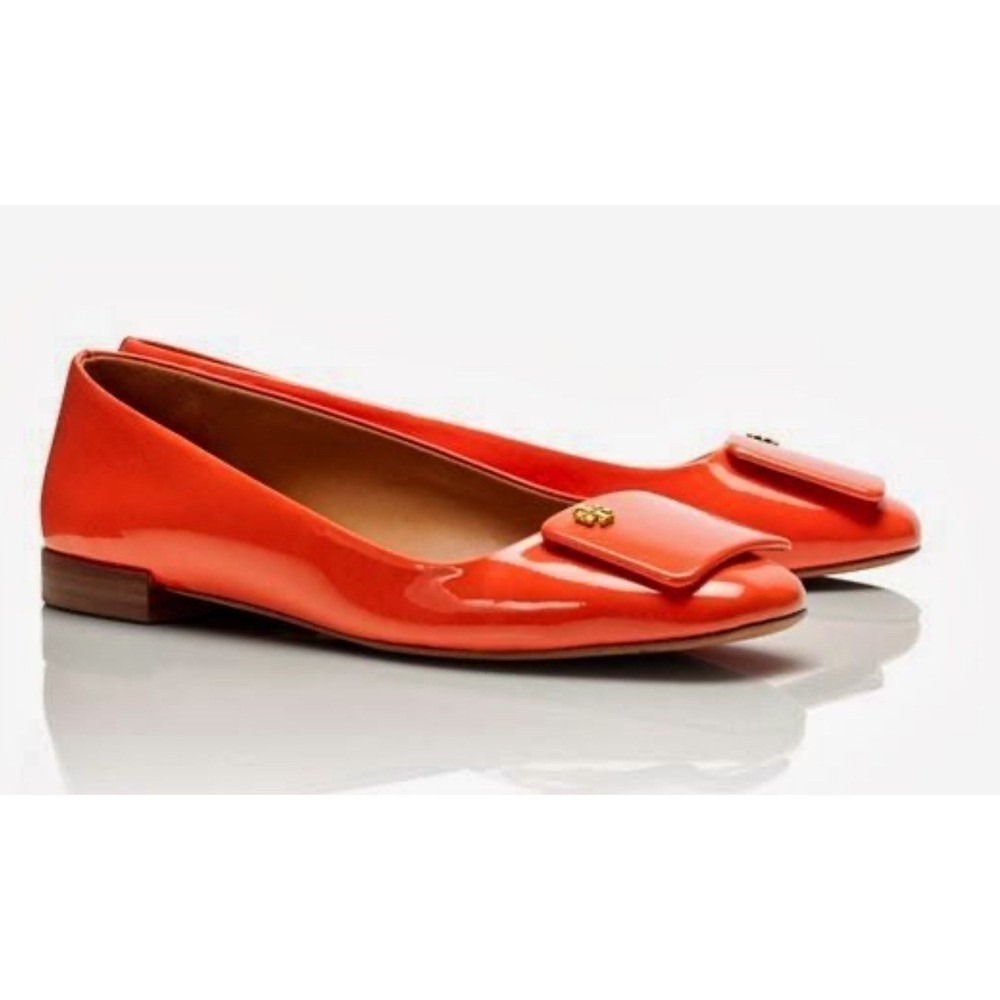Tory Burch Orange Patent Leather Ballet Flats Square Toe Logo Detail Women 7.5M